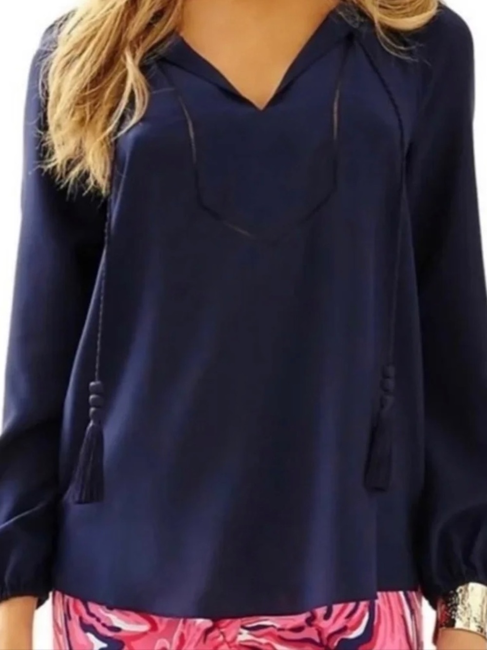 Lilly Pulitzer Saria Navy 100% Silk Blouse (L)
